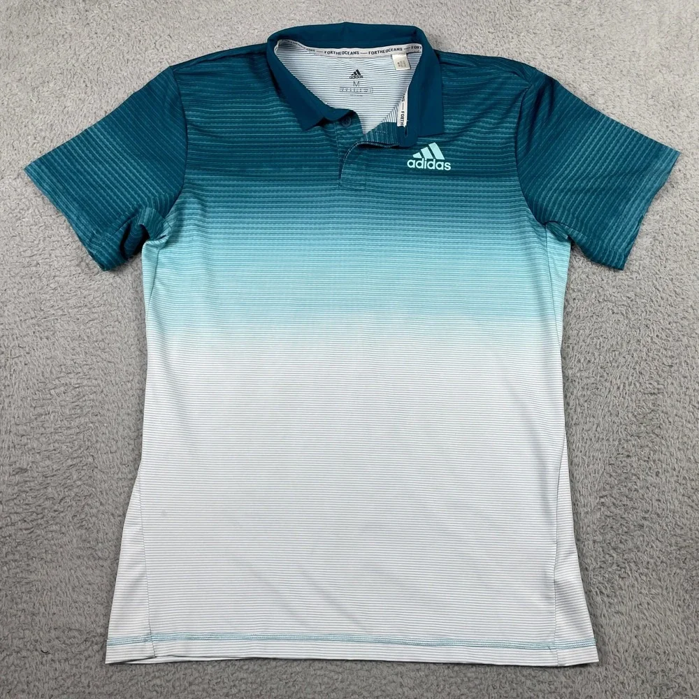 Adidas Parley Golf Polo Mens Medium Blue White Ombre Striped Short Sleeve Shirt